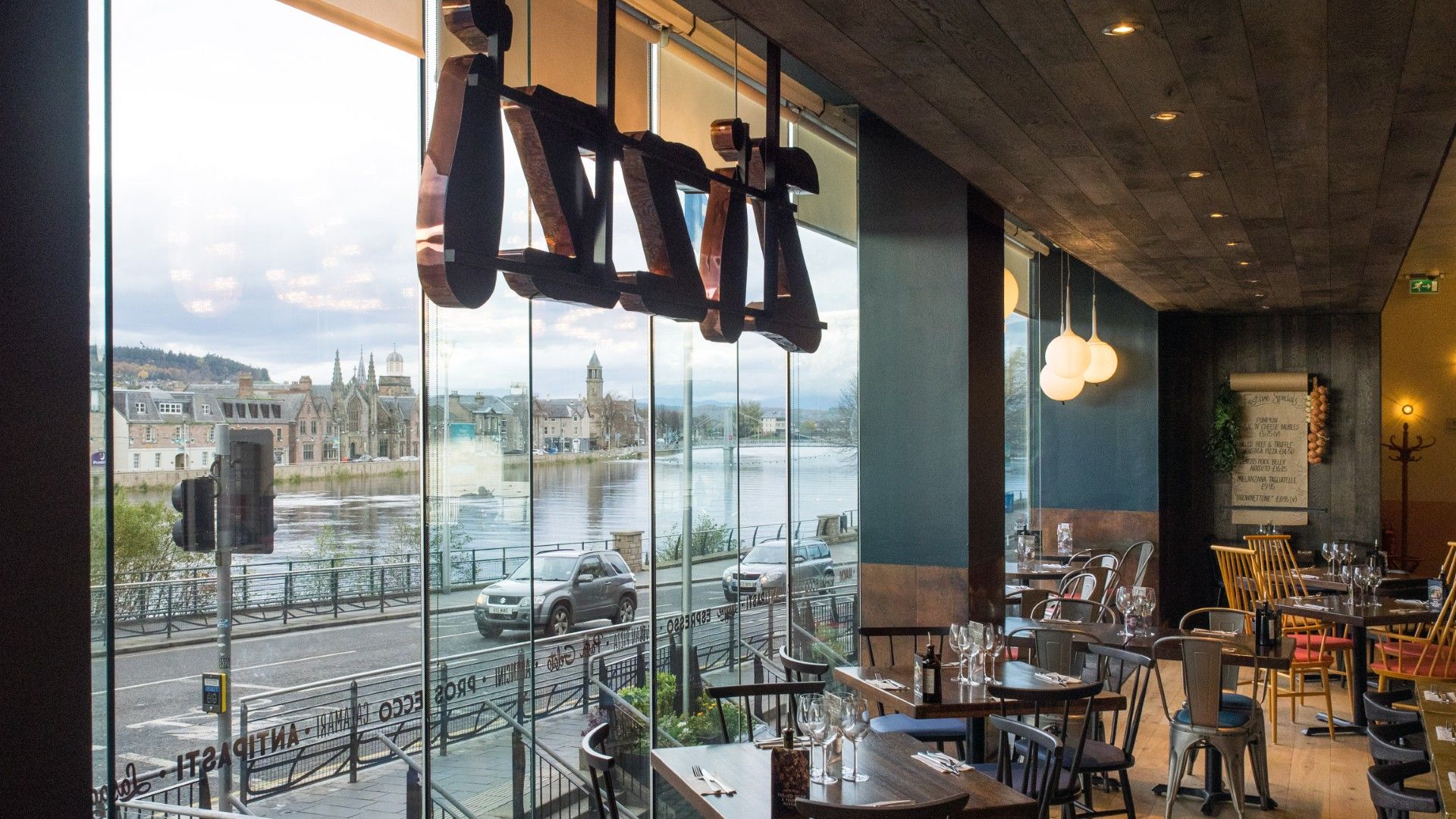 Table view looking out over the River Ness Zizzi, Inverness. 
