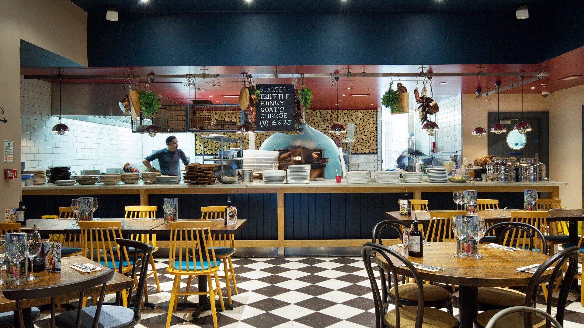 Table view of Pizza oven Zizzi One New Change, St Paul's. 