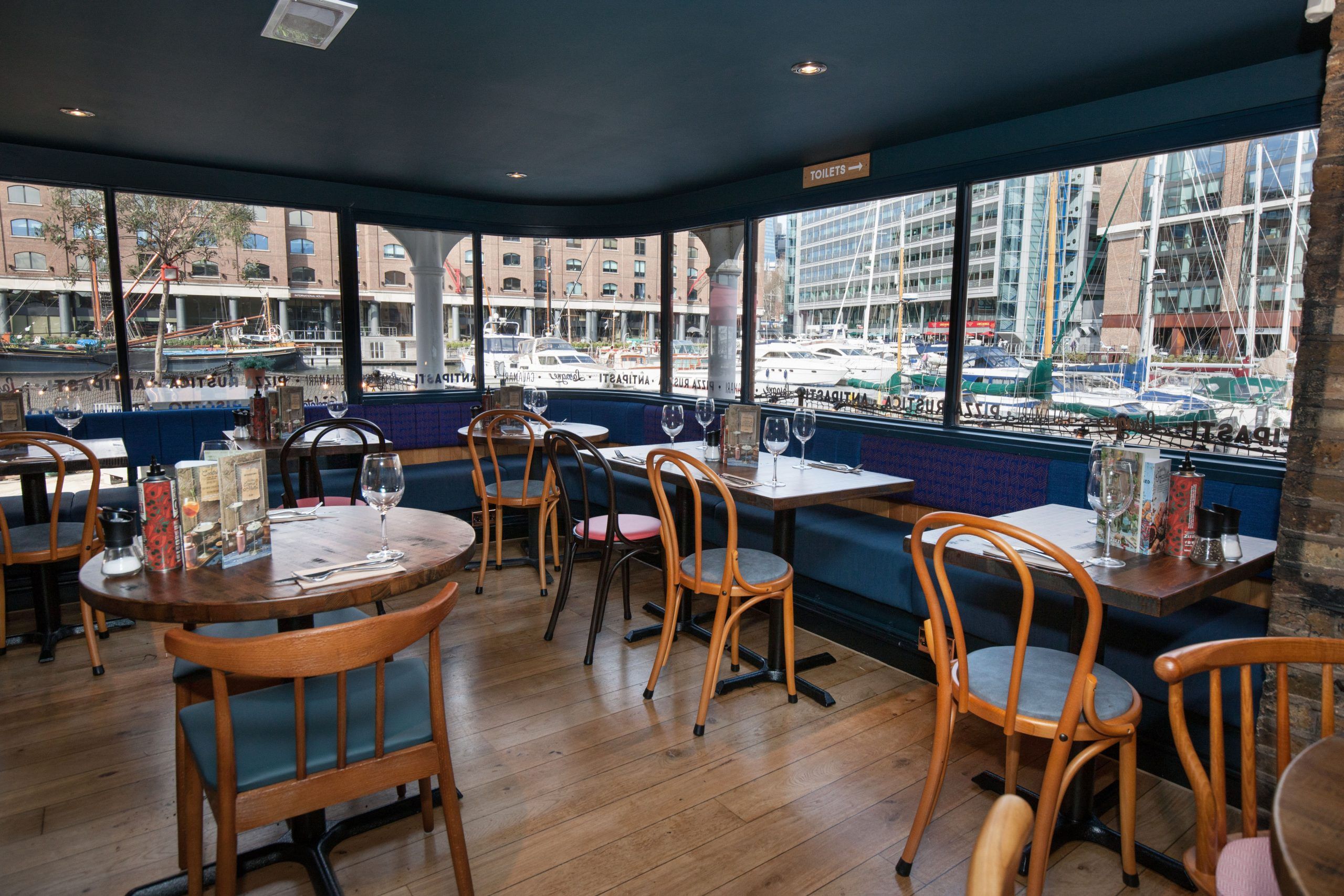 Zizzi St Katherine's Dock with view out to marina 