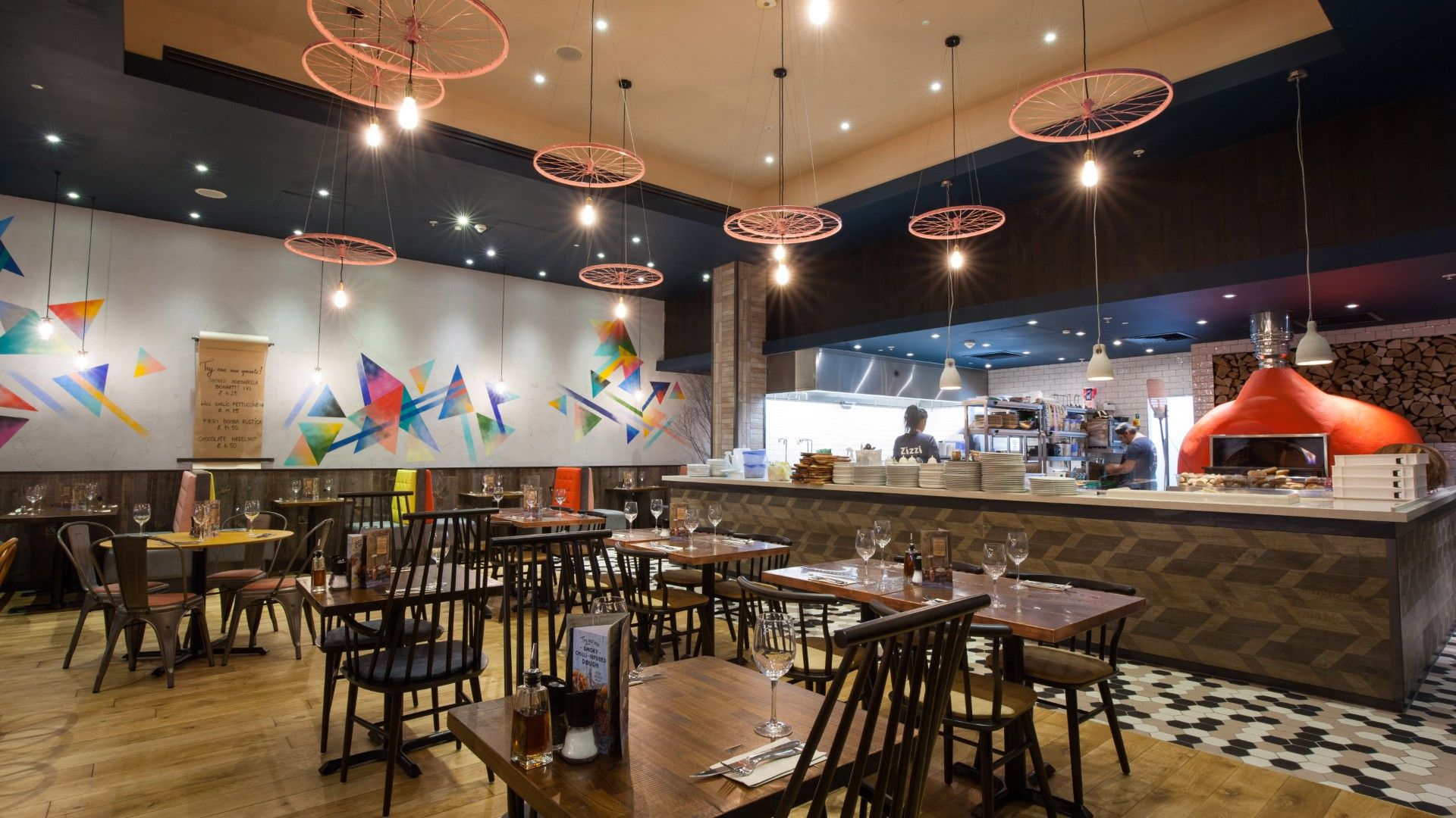 Tables and chairs Zizzi Westfield, Stratford. 