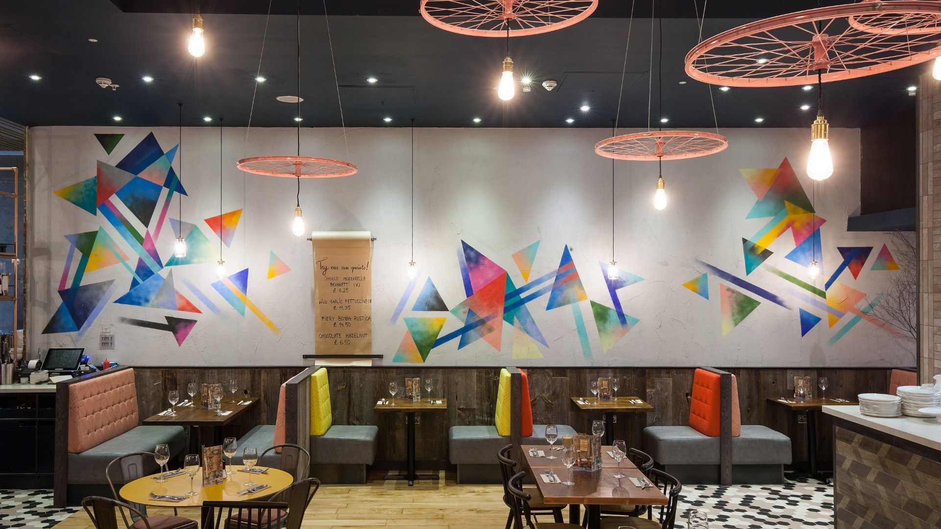 Tables and chairs Zizzi Westfield, Stratford. 
