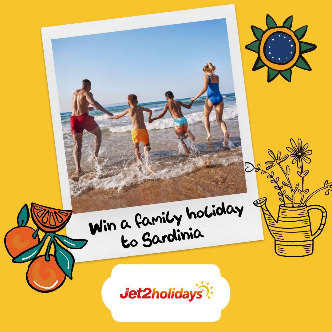 A polaroid of a family of four splashing in the sea 